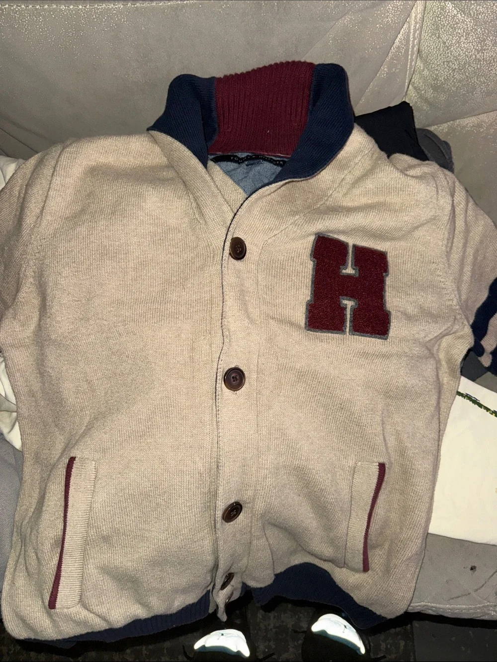 Tommy Hilfiger Beige Knit Button-Up Jacket with Burgundy 'H' and Navy Trim